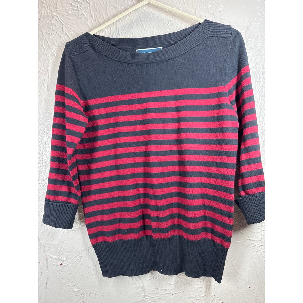 Karen Scott Red Black Striped Pullover Sweater 3/4 Sleeve Boat Neck Womens Sz XS